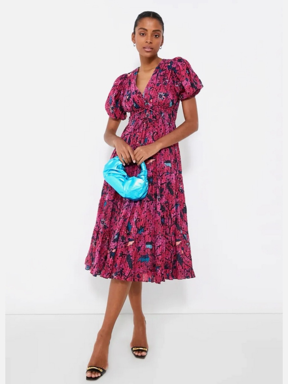 Ulla Johnson Fuchsia Floral Midi Dress with Puff Sleeves
